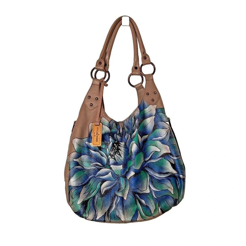 Anuschka Hand Painted Multi Pocket Hobo Leather Bag Floral Motif